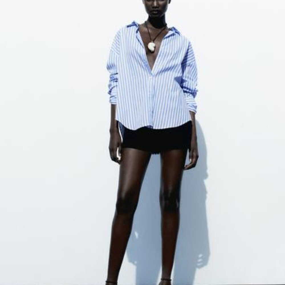 Zara - STRIPED POPLIN SHIRT Blue